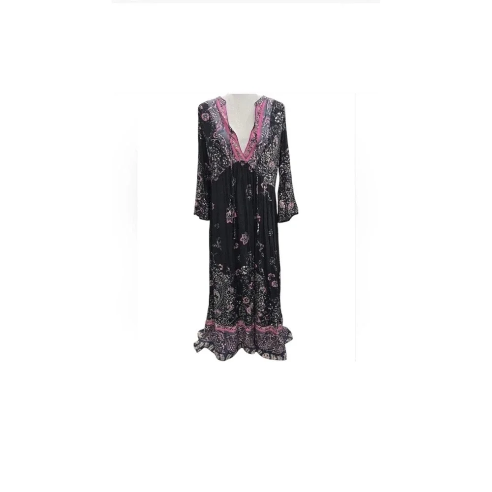 Free People's You Only Knew' Boho Black And‎ Pink Maxi Dress. Size Small